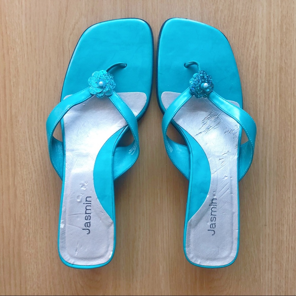Turquoise Blue Flower Floral Kitten Heels Sandals